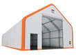 White dual truss fabric building with orange trim, large open roll-up door and a side door, studio render