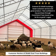 Sheep and a hay pile inside a white dual truss building with a red-trimmed end wall, with a customer review overlay