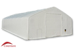 White 30oz PVC dual-truss fabric building, drive-through winch door and man door in the end wall