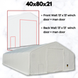 White 30oz PVC dual-truss fabric building, end-wall inset marking the 13x13 winch door and man door