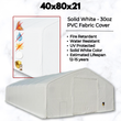 White 30oz PVC dual-truss fabric building with cover-feature icons: fire retardant, water resistant, UV protected