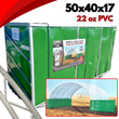 Product spec graphic for 50x40x17 dual-truss PVC container shelter with dimensions