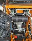 Landhero LDH-T460 engine bay with 12V cooling fan, muffler, hydraulic gear pump, battery and red fuel cap