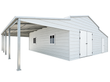 Galvanized steel 42x30x13 garage, cream siding, side lean-to on steel posts, double doors and walk-through door