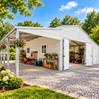 White 42x30 steel garage, open lean-to carport, double doors open to shelving and a mower inside