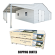 White 42x30 steel garage with lean-to carport, shown above its two wooden shipping crates