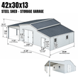 Dimension diagram of the 42x30x13 steel garage: 13.11ft peak, 41.20ft front width, 29.96ft deep, 8.20ft double door