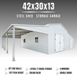Spec banner: cream 42x30x13 steel garage with open lean-to, 8ft walls, 13ft peak, 870 sq ft storage, double doors