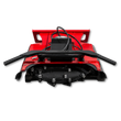 Red 43-inch disc mulcher head-on: black cutting disc with bolt-on teeth, hydraulic motor, hoses and push bar