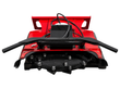 Red 43-inch disc mulcher head-on: black cutting disc with bolt-on teeth, curved push bar, motor housing and hoses