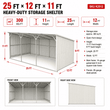 Dimension diagram of the 25x12x11 ft storage shelter: front and side views with measurements