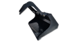 Black flat-bottom mini skid steer grapple bucket, single grapple arm raised open above the bucket shell