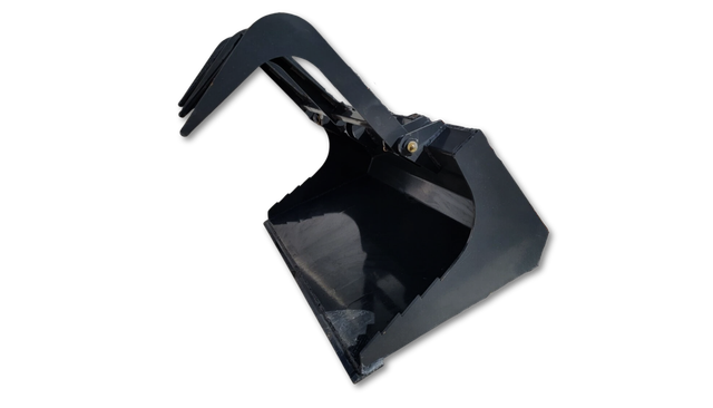 Black flat-bottom mini skid steer grapple bucket, single grapple arm raised open above the bucket shell