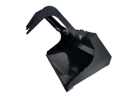 Black 44-inch flat-bottom mini skid steer grapple bucket, three-tine hydraulic grapple raised open