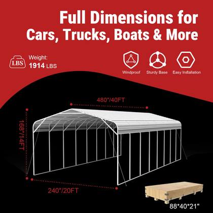 Dimension diagram of the 40x20x14 steel carport: weight 1914 lbs, crate size 88x40x21 in