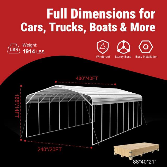 Dimension diagram of the 40x20x14 steel carport: weight 1914 lbs, crate size 88x40x21 in