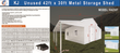Spec banner for the KJ K4230T 42x30x13 metal storage shed with dimensions, parts list and frame drawings