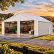White steel double garage with two open bays holding two tractors, shelving and hay bales, farm setting