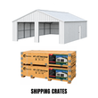 White steel double garage with two open bays, above two stacked wooden shipping crates labeled Shipping Crates