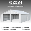 Features graphic: white steel double garage, 2 open doorways, side entrance, 14-gauge frame, 26-gauge panels