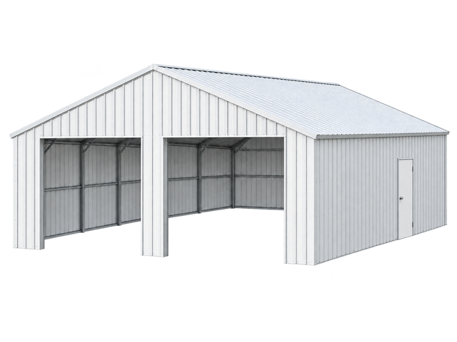 White steel double garage with two open vehicle bays and a side walk-in door, front three-quarter view