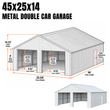 Dimension diagram of the 45x25x14 metal double car garage: 14.22 ft peak, 8.73 ft doors, 8.52 ft door width