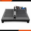 AGT landscape rake: perforated steel hopper, front tooth bar, hydraulic dump cylinder, blue drive motor and red valve