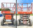 SkyJack rough terrain scissor lift, orange guardrails on a white chassis, front and rear views on lug tires