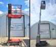 Skyjack SJ16 and JLG vertical mast lifts with masts raised and platforms elevated overhead