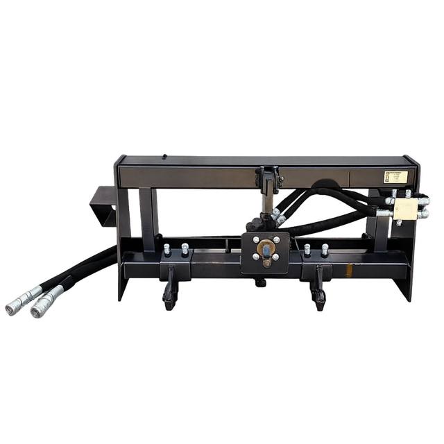 Arteer 3-point PTO hitch adapter: black skid steer quick-attach frame with splined PTO output shaft and hydraulic hoses