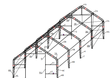 Frame sketch of the dual truss fabric building: galvanized truss arches, purlins and the end wall door framing