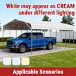 Cream all-steel carport parked over a pickup truck on a concrete driveway, open sides, peaked roof