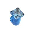 Blue hydraulic motor with splined shaft, 4-hole flange and two threaded ports on the side