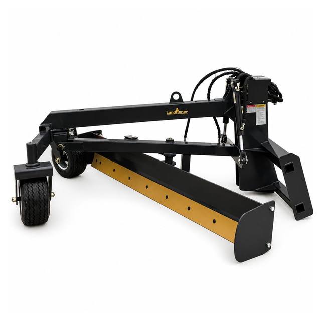 LandHonor grading blade: black moldboard with yellow reversible cutting edge, hydraulic cylinders and gauge wheels