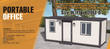 Manufacturer banner: 7x20 portable office render with feature list, 70mm EPS insulated panels and bathroom