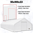 Spec graphic of the white PVC fabric building end wall: 16'4" winch and man doors called out on front and back