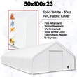 Feature graphic: 30oz solid white PVC fabric cover, fire retardant, water resistant, UV protected, 12-15 yr lifespan