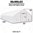 Dimension diagram: 50'W x 100'L x 23'H dual-truss PVC fabric building, 5000 sq ft, 16'4" winch and man doors