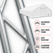 Galvanized steel dual-truss frame tubing with welded joints; callouts: dual truss, rust resistant, clearspan