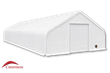 White 30oz PVC dual-truss fabric building, gable end with large winch door and man door