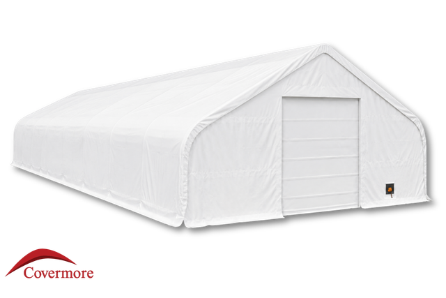 White 30oz PVC dual-truss fabric building, gable end with large winch door and man door