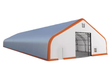 White and grey dual-truss building render with orange trim and an open end door on a white background