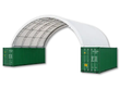White dual-truss arched shelter spanning two green shipping containers