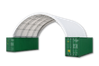 White PVC dual-truss container shelter spanning two green shipping containers, open end, steel frame