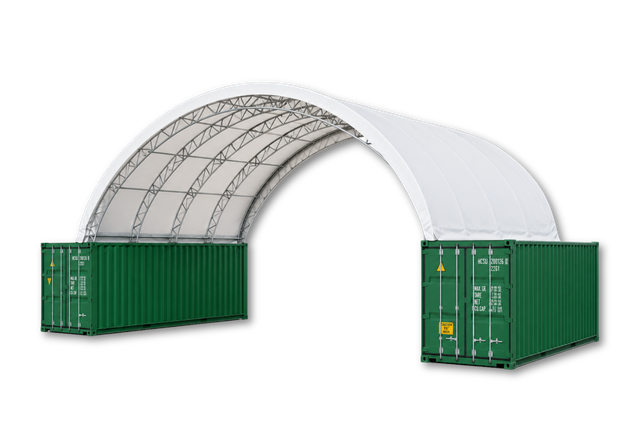 White PVC dual-truss container shelter spanning two green shipping containers, open end, steel frame