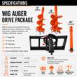 WIG auger drive package spec sheet: 12in and 18in bits, 36in extension, 8-22 GPM, 3000 PSI, 485 lbs total