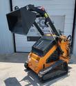 QB-480 mini skid steer, orange loader with bucket raised high, rubber tracks and Arteer decal on the guard