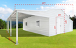 White steel garage with dimensions marked: 42 ft long, 30 ft wide, 13 ft peak, 8x9 ft double door