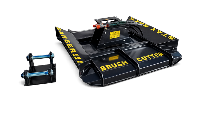 Excavator brush cutter deck, hydraulic hoses and yellow DANGER, BRUSH CUTTER, STAY BACK lettering, twin-pin mount alongside