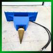 Blue GIYI log splitter from above, gold screw cone pointing down with hydraulic hoses